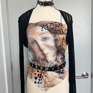 Two-piece set vintage oil painting scarf backless camisole top black mesh blouse